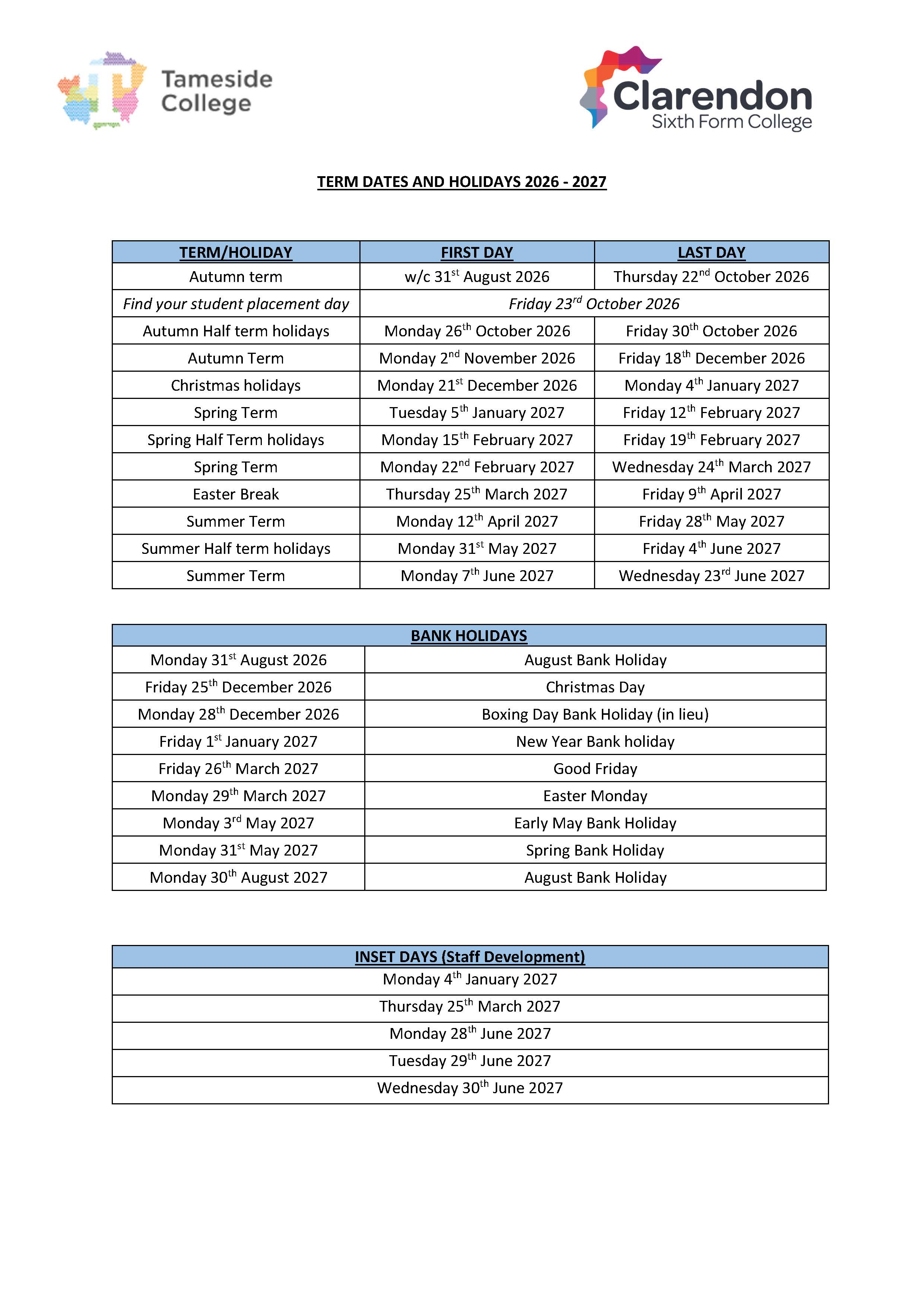 Term Dates 26/27